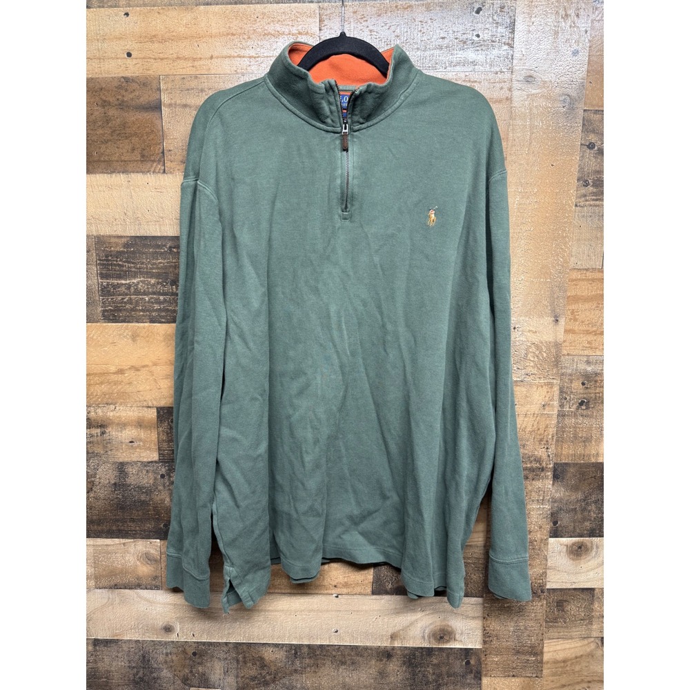 Polo Ralph Lauren Mens XXL Estate Rib Quarter Zip Pullover Sage Green Orange